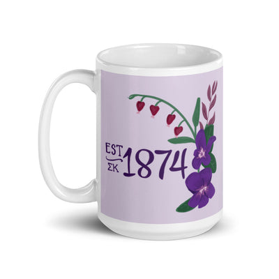 Sigma Kappa 1874 Mug in lavender in 15 oz size showing hand drawn design