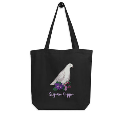 Sigma Kappa Dove Mascot Eco Tote Bag in black shown hanging on a hook