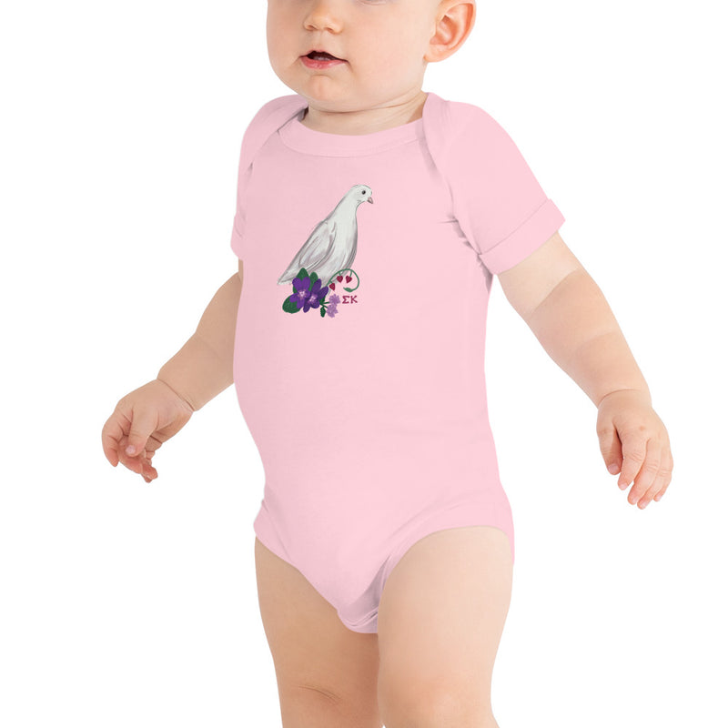Sigma Kappa Dove Mascot Baby Onesie in pink shown on toddler model
