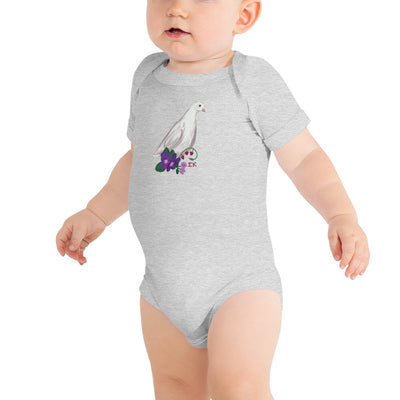 Sigma Kappa Dove Mascot Baby Onesie in athletic heather gray shown on toddler model