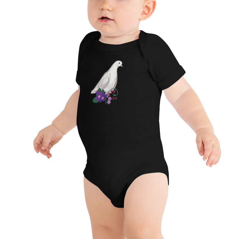 Sigma Kappa Dove Mascot Baby Onesie shown in black on toddler model
