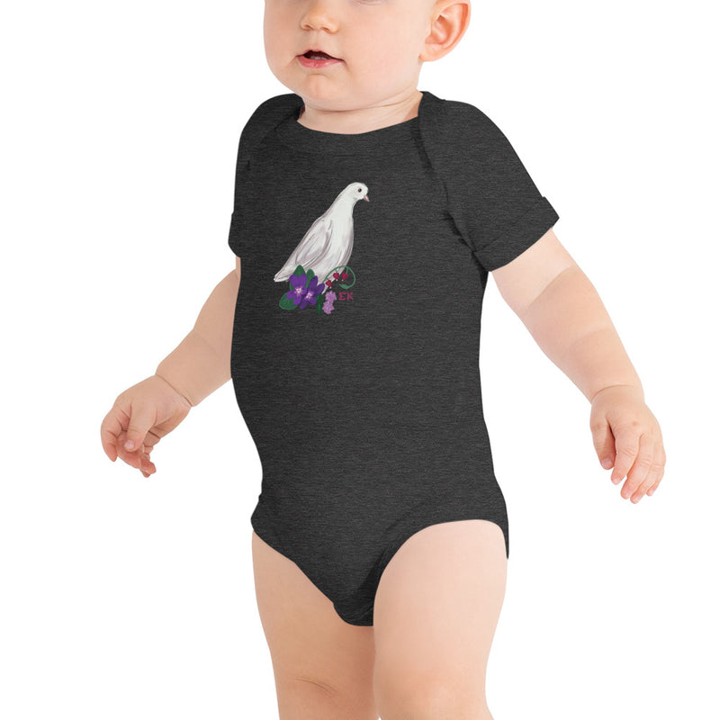 Sigma Kappa Dove Mascot Baby Onesie in dark heather gray shown on toddler model