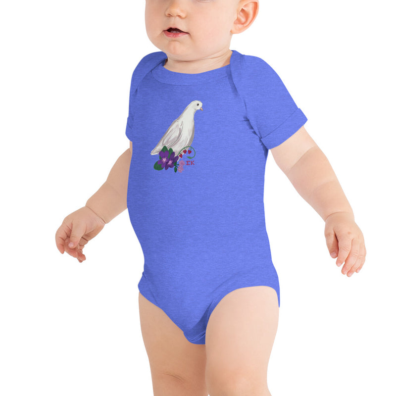 Sigma Kappa Dove Mascot Baby Onesie in blue heather columbia blue shown on baby model