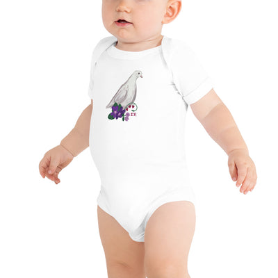 Sigma Kappa Dove Mascot Baby Onesie in white shown on baby model