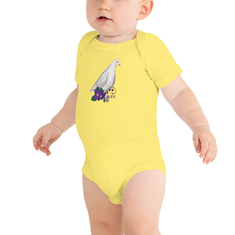 Sigma Kappa Dove Mascot Baby Onesie in yellow shown on toddler model