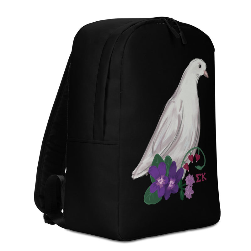 Sigma Kappa Dove Mascot Backpack  in black with hand drawn Sig Kap dove design showing right side view