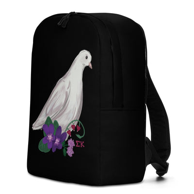 Sigma Kappa Dove Mascot Backpack  in black with hand drawn Sig Kap dove design showing right side view