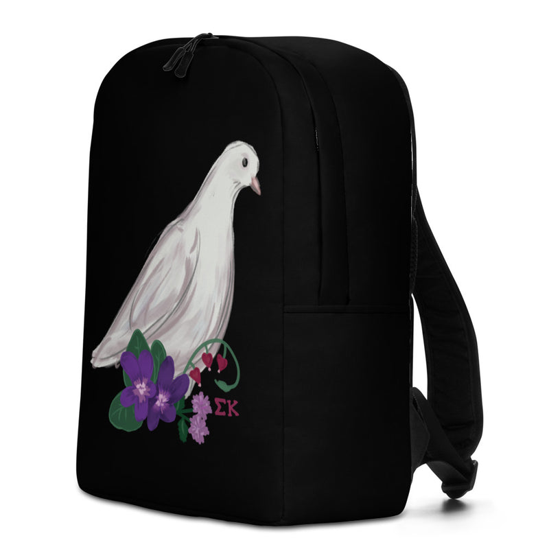 Sigma Kappa Dove Mascot Backpack  in black with hand drawn Sig Kap dove design showing right side view