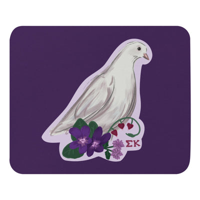 Sigma Kappa Dove Mascot Mouse Pad showing hand drawn Dove design on purple mouse pad