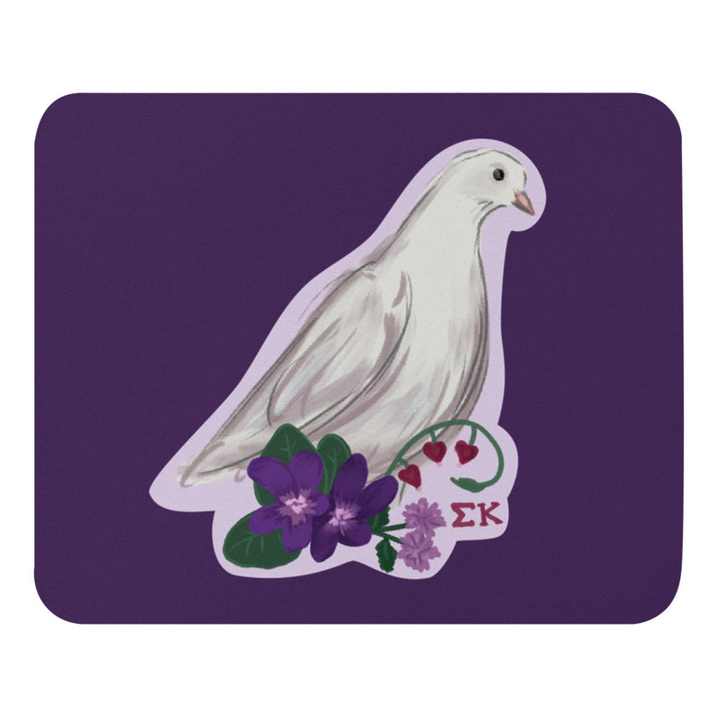 Sigma Kappa Dove Mascot Mouse Pad showing hand drawn Dove design on purple mouse pad