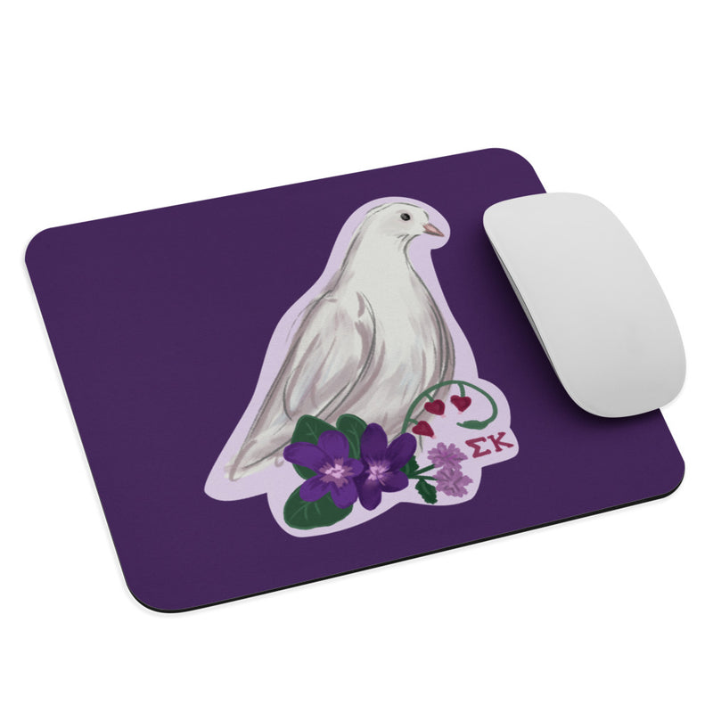 Sigma Kappa Dove Mascot Mouse Pad shown in full view with mouse