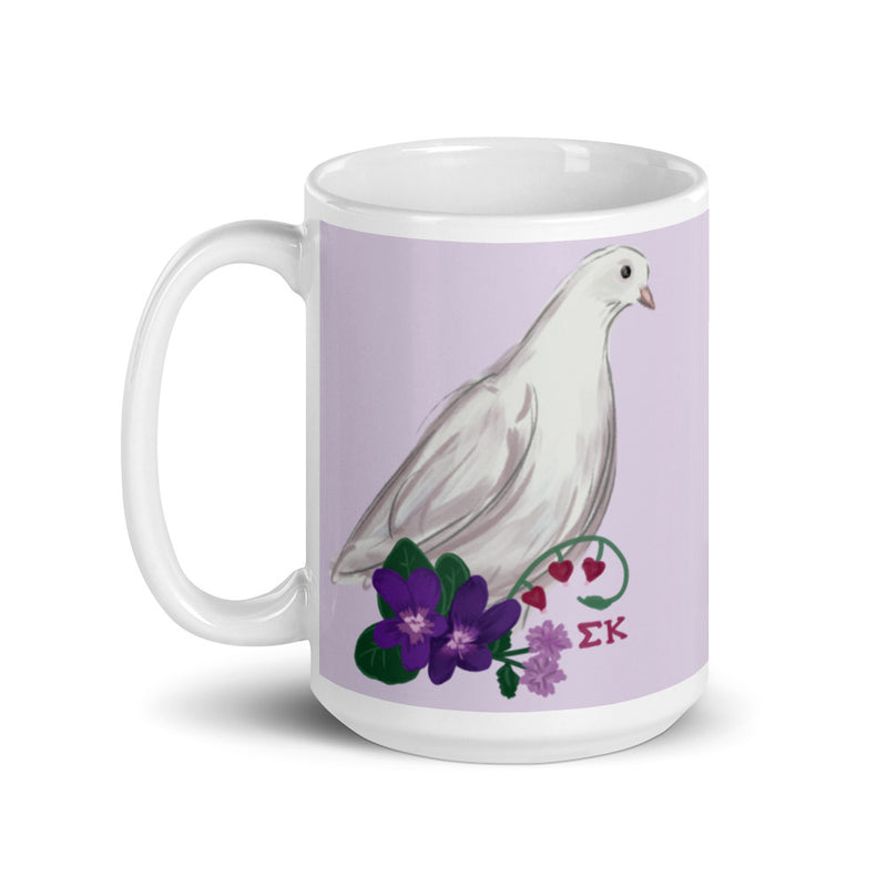 Sigma Kappa Dove Mascot Lavender Mug in 15 oz size showing hand drawn design