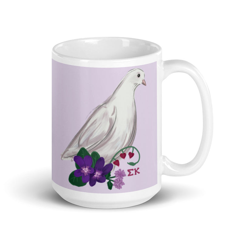 Sigma Kappa Dove Mascot Lavender Mug in 15 oz size with hand drawn design