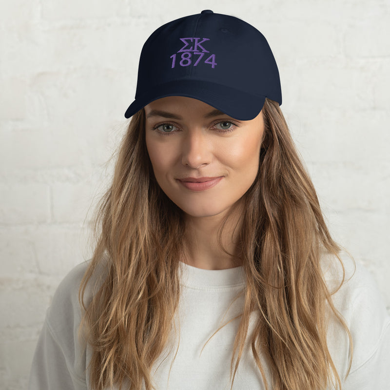 Sigma Kappa 1874 Embroidered Baseball Cap in Navy Blue with purple embroidery