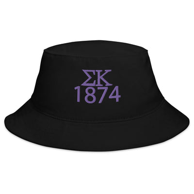 Sigma Kappa embroidered Bucket Hat in black with purple embroidery shown in full view