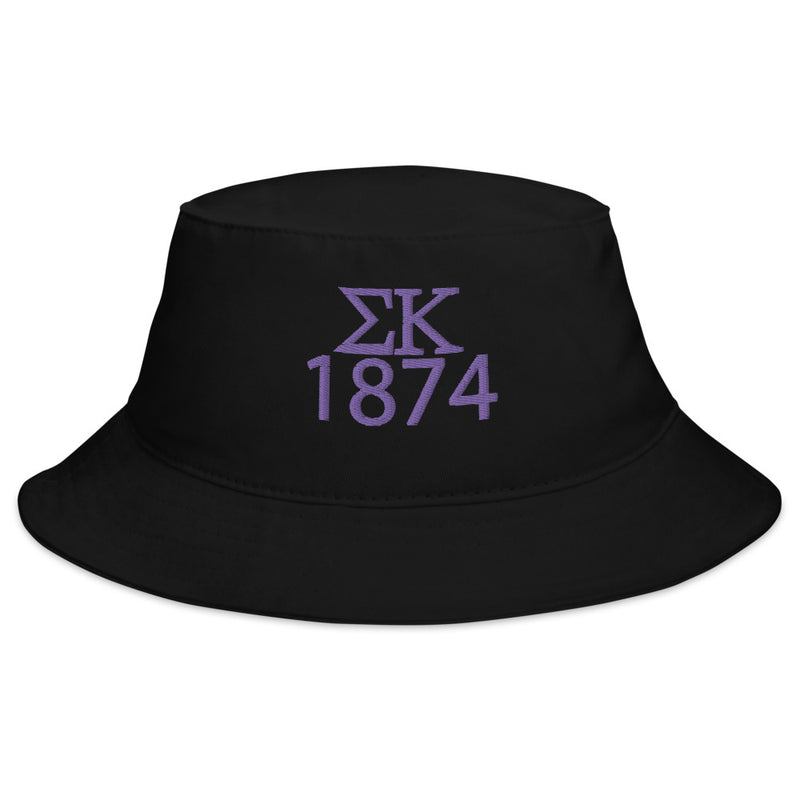 Sigma Kappa embroidered Bucket Hat in black with purple embroidery shown in full view