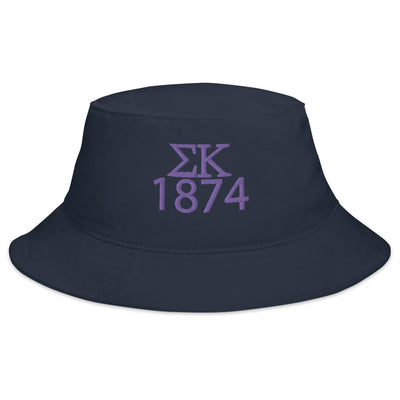 Sigma Kappa embroidered Bucket Hat in Navy with purple embroidery shown in full view 