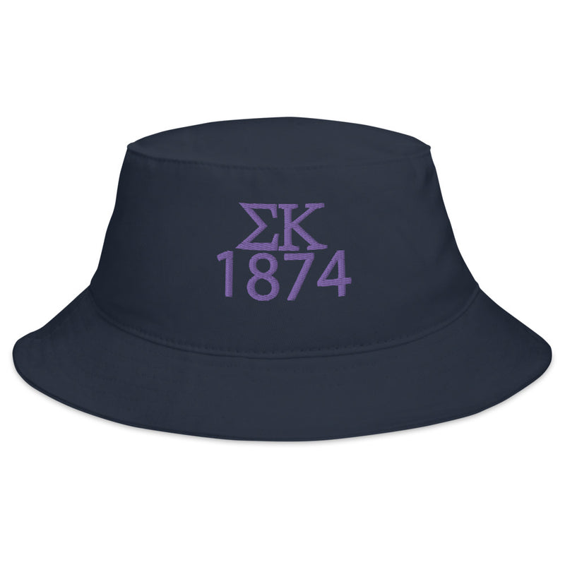 Sigma Kappa embroidered Bucket Hat in Navy with purple embroidery shown in full view 
