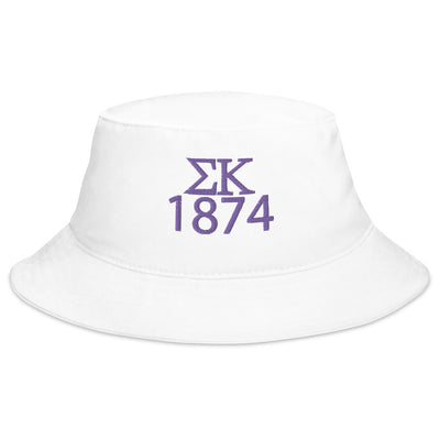 Sigma Kappa embroidered Bucket Hat in white with purple embroidery shown in full view