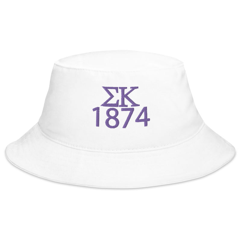 Sigma Kappa embroidered Bucket Hat in white with purple embroidery shown in full view