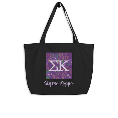 Sigma Kappa Greek Letters Large Organic Tote Bag in black on a hook