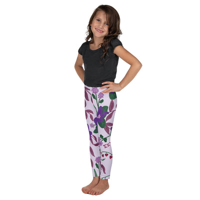 Sigma Kappa Violet Floral Print Kid's Leggings, Lavender in side view on model