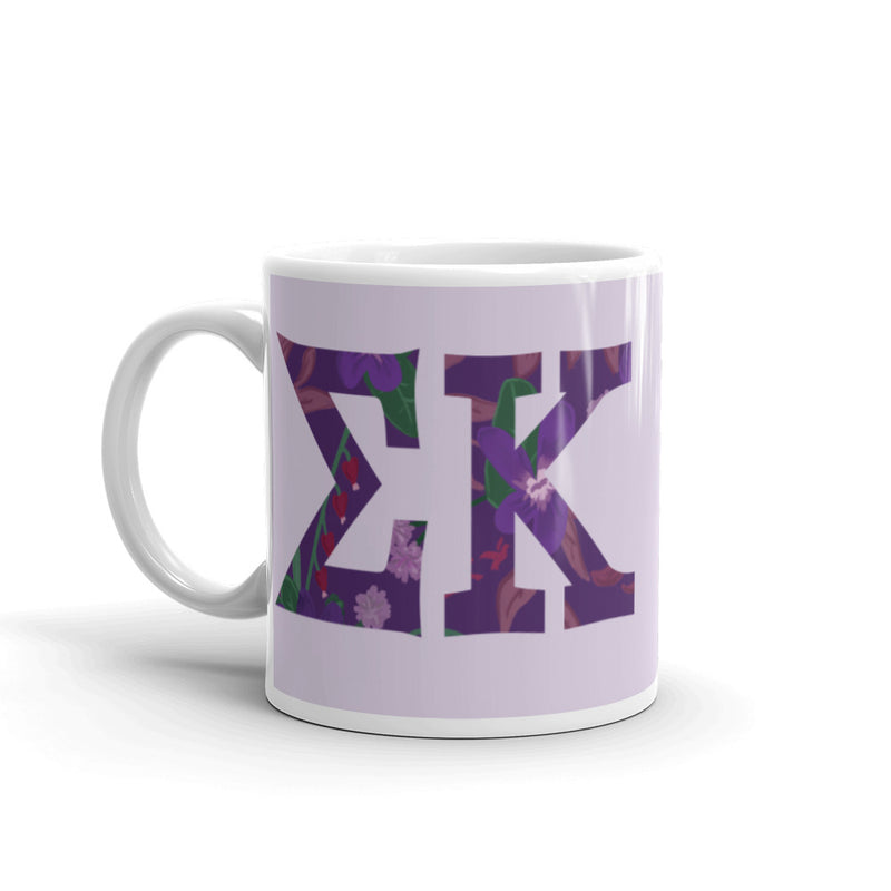 Sigma Kappa Letters Mug in 11 oz size in lavender with filled letter design and  handle on left