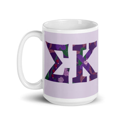 Sigma Kappa Letters Mug in 15 oz size in lavender with handle on left