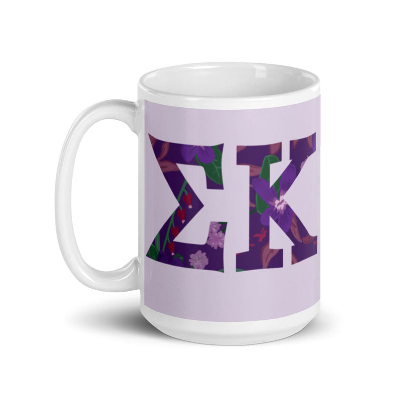 Sigma Kappa Letters Mug in 15 oz size in lavender with handle on left