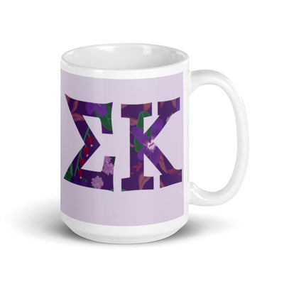 Sigma Kappa Letters Mug in 15 oz size in lavender showing filled letter design