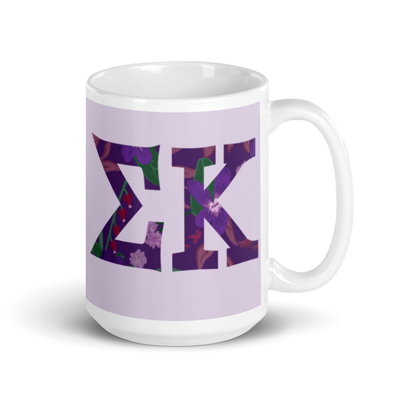 Sigma Kappa Letters Mug in 15 oz size in lavender showing filled letter design
