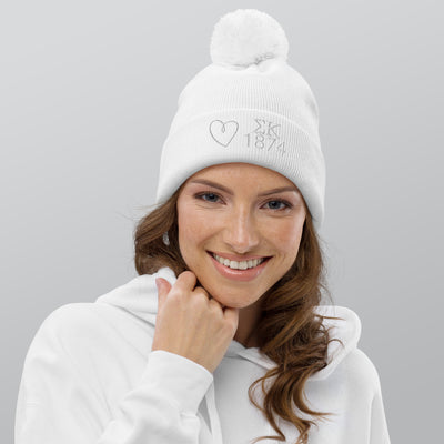Sigma Kappa Pom Pom Beanie in white with embroidery shown on model's head