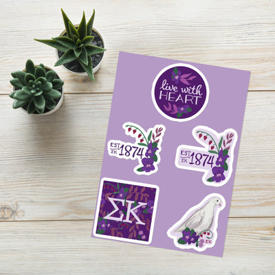 Sigma Kappa Sorority Sticker Sheet with 5 designs shown in lifestyle setting