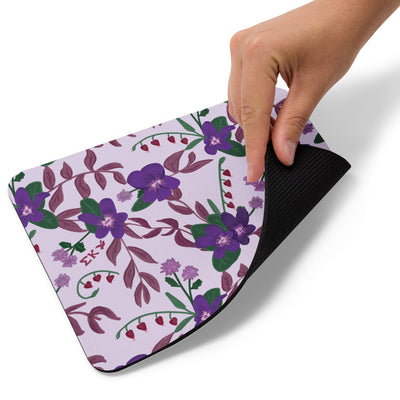 Sigma Kappa Violet Floral Print Mouse Pad showing rubber backing with non-slip material
