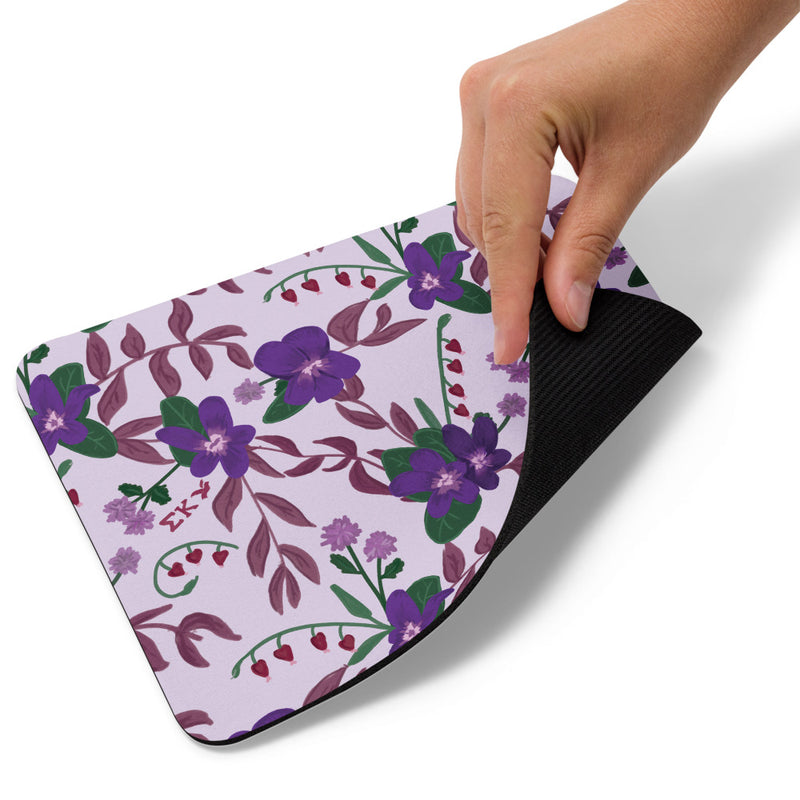 Sigma Kappa Violet Floral Print Mouse Pad showing rubber backing with non-slip material
