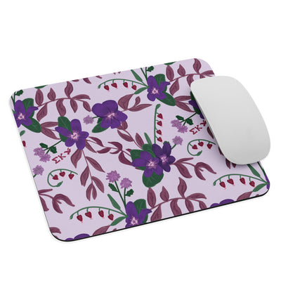 Sigma Kappa Violet Floral Print Mouse Pad in lavender shown with mouse