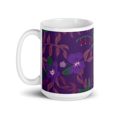 Sigma Kappa Violet Floral Print Purple Mug in 15 oz size shown with handle on left