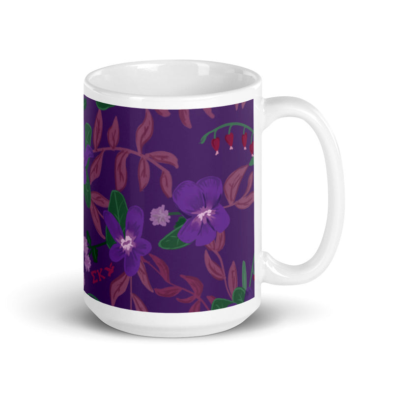 Sigma Kappa Violet Floral Print Purple Mug in 15 oz size shown with handle on right