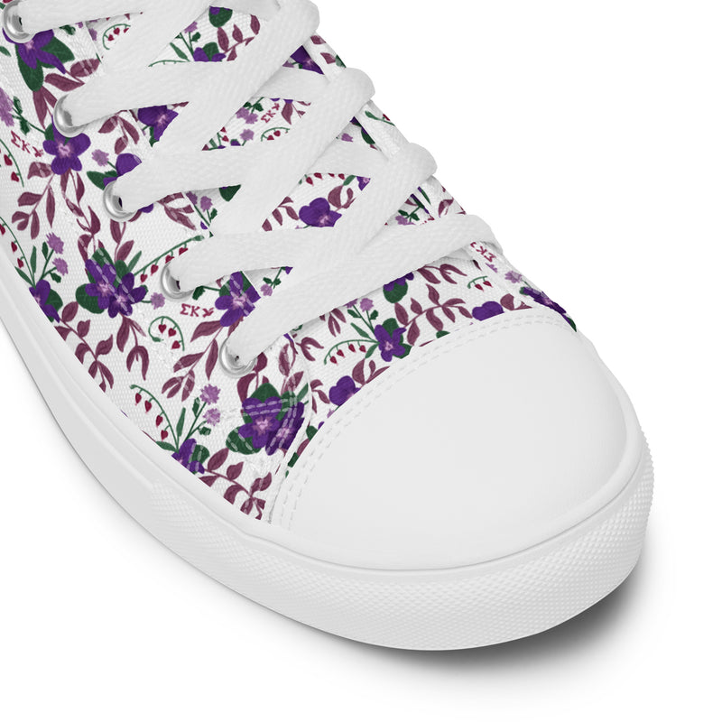 Sigma Kappa Violet Floral Print High Tops showing close up view with product details