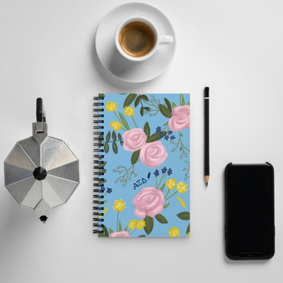 Alpha Xi Delta Pink Rose Print Spiral Notebook with coffee