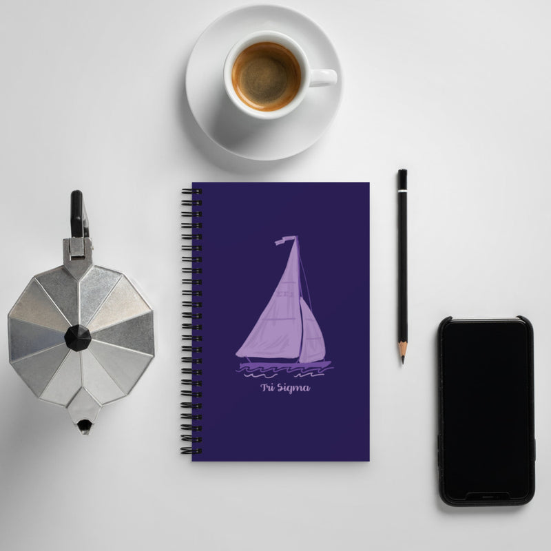 Tri Sigma Sailboat Mascot Spiral Notebook with coffee