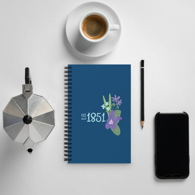 Alpha Delta Pi 1851 Founding Year Spiral Notebook shown with coffee