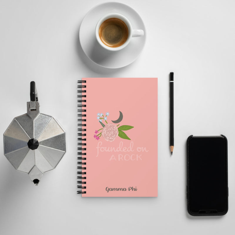Gamma Phi Beta Founded On A Rock Spiral Notebook shown with coffee