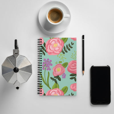 Delta Zeta Pink Rose Floral Print Spiral Notebook with coffee