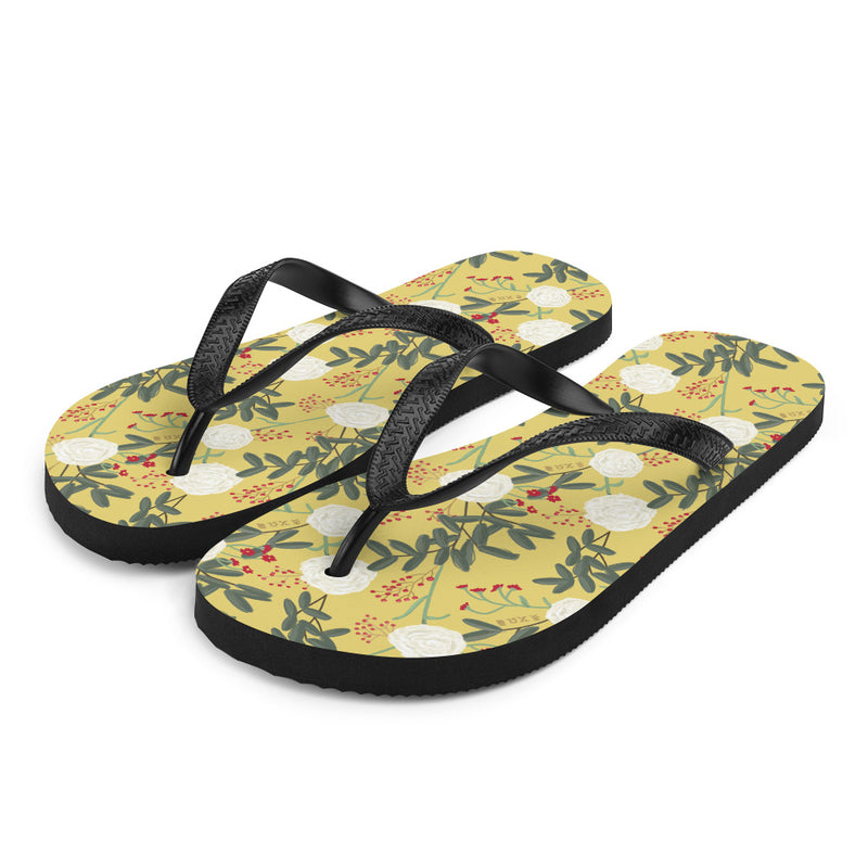 Chi Omega White Carnation Floral Print Flip-Flops, Gold shown in side view