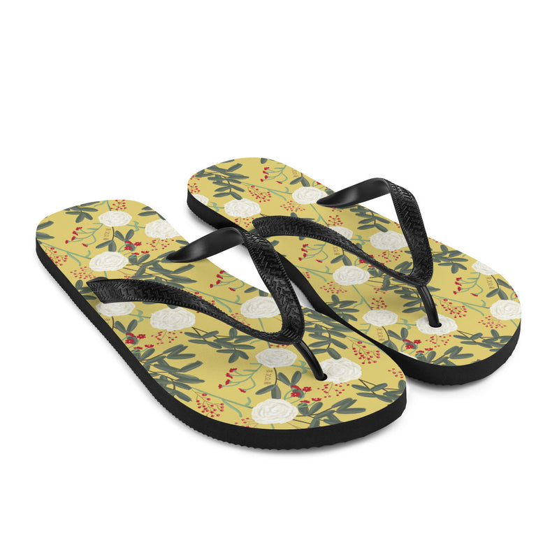 Chi Omega White Carnation Floral Print Flip-Flops, Gold shown in side view to right