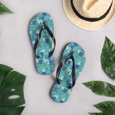 Tri Delta Pansy Floral Print Flip-Flops, Teal with hat and plants