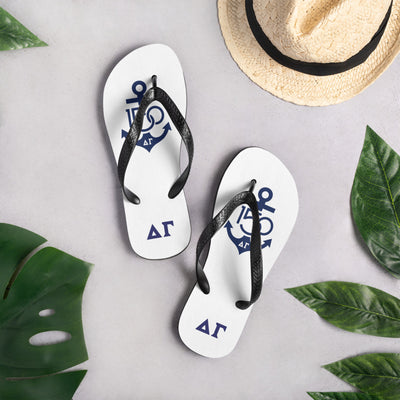 Delta Gamma 150th Anniversary Logo Flip-Flops, Navy and White in lifestyle setting
