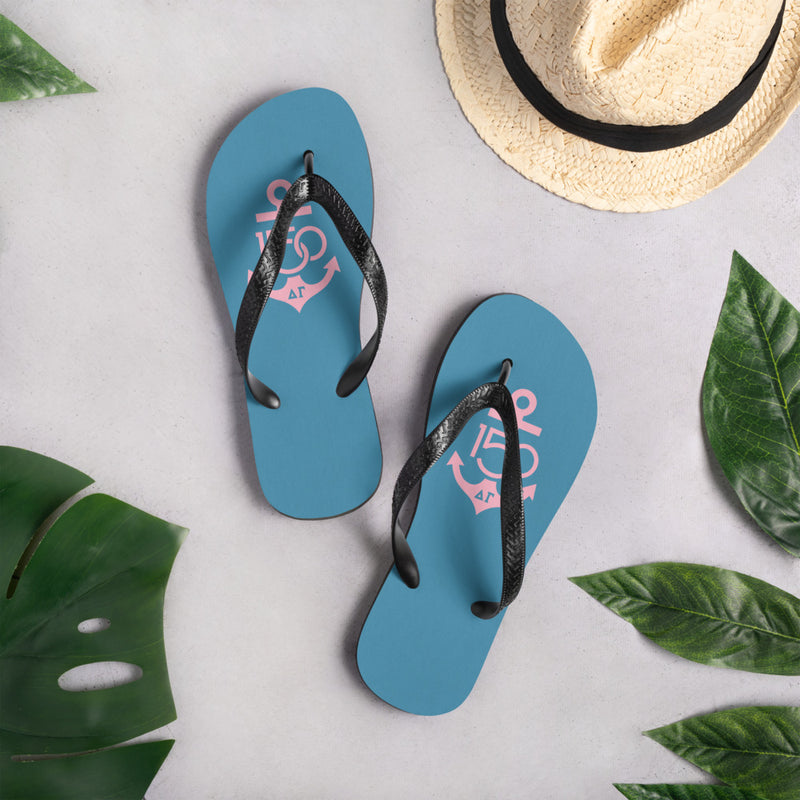 Delta Gamma 150th Anniv. Flip-Flops, Teal and Pink in lifestyle photo