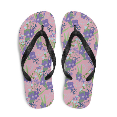 Alpha Delta Pi Woodland Violet floral print flip flops feature an artist designed floral print.
